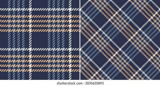 Check pattern in navy blue, soft yellow, white for spring autumn winter prints. Seamless hounds tooth tartan plaid vector for scarf, skirt, blanket, throw, other modern fashion fabric design.