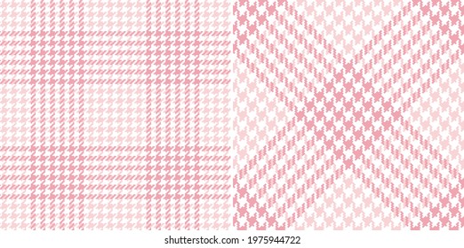 Check pattern in pink and white for dress, jacket, coat, scarf. Seamless spring autumn winter tweed tartan plaid. Modern textured fashion design. Goose foot or dog tooth small pixel checks.