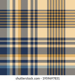 Check pattern for scarf in blue, yellow, beige. Seamless large tartan plaid vector graphic for poncho, blanket, duvet cover, other modern everyday spring autumn winter fashion textile print.