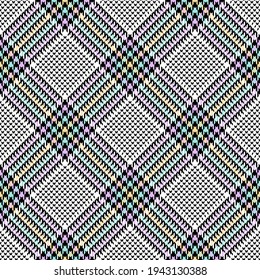 Check pattern seamless glen in black, white, purple, green, yellow. Tweed tartan plaid dog tooth graphic vector texture for jacket, coat, skirt, throw, other spring summer fashion fabric design.