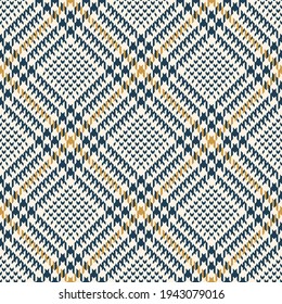 Check pattern seamless glen in blue, gold yellow, off white. Tweed tartan plaid dog tooth graphic vector texture for jacket, coat, skirt, throw, other spring summer autumn fashion textile print.