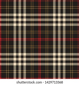 Check pattern seamless vector background. Multicolor tartan plaid pattern in dark grey, gold, and red for scarf, poncho, skirt, or other modern fashion textile design. Woven pixel texture.