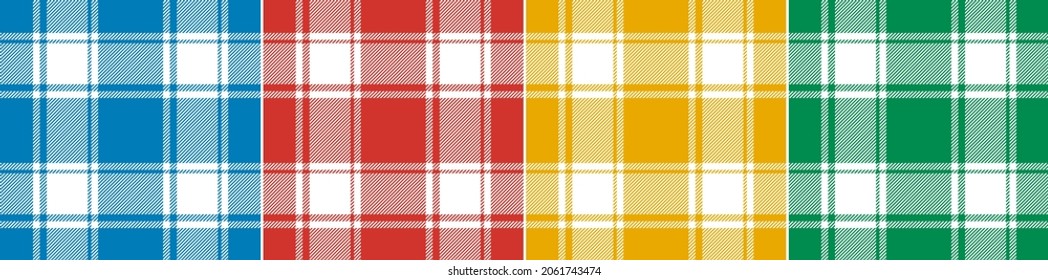 Check Pattern Set In Colorful Blue, Red, Green, Yellow, White. Seamless Bright Tartan Plaid Vector Print For Spring Summer Flannel Shirt, Skirt, Blanket, Duvet Cover, Other Modern Fashion Fabric.