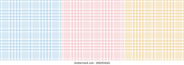 Check pattern set. Glen tartan in pastel blue, pink, yellow, white. Seamless tweed vector for tablecloth, picnic blanket, skirt, dress, trousers, duvet cover, other spring summer fashion fabric print.