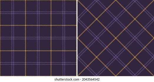 Check pattern set in purple and gold for Halloween prints. Seamless thin tartan plaid background vector graphic for autumn flannel shirt, skirt, jacket, coat, other modern fashion textile design.