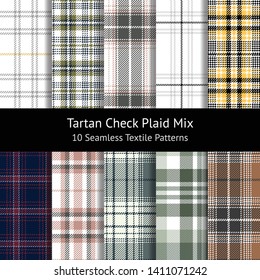Check pattern set. Seamless plaid in green, yellow, black, white, blue, brown, grey, and rosy brown for modern fabric design. Herringbone, glen, pixel, and stripe texture. Swatches included.