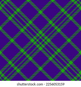 Comprobar la textura del patrón. Vector de tartán sin foco. Tejidos de tela de fondo de color verde y violeta.