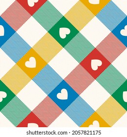 Check pattern for Valentines Day with hearts in colorful blue, green, red, yellow, off white. Seamless tartan vector for flannel shirt, tablecloth, picnic blanket, oilcloth, other spring summer print.