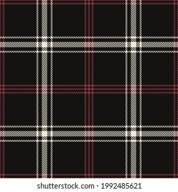 Check pattern vector for autumn design in black, red, off white. Seamless dark tartan plaid graphic background for flannel shirt, throw, other modern fashion textile print.