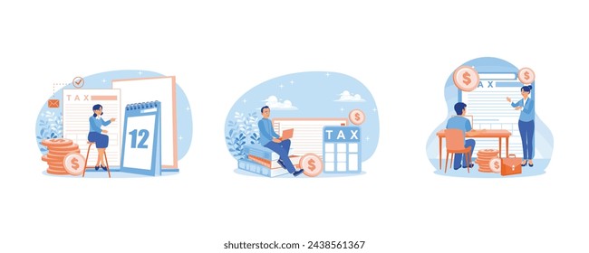 Check payment deadlines. Fill out tax forms online using a laptop. Financial advisors provide instructions on how to fill out tax forms. Tax Audit concept. Set flat vector illustration.
