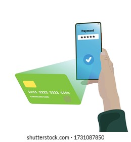 Check Payment receipts with hand and smartphone, payment with credit cards, smartphone receipt bills