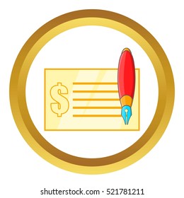 Check and pen vector icon in golden circle, cartoon style isolated on white background