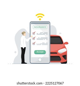 Check personal car insurance claim online on smartphone, Digital marketing illustration.