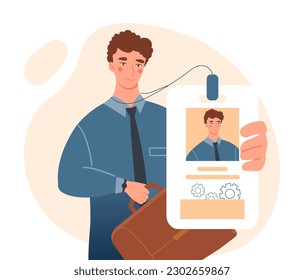 Check personality concept. Man stands with briefcase and badge. Verification and security, journalist or employee. ID card, identification for press and mass media. Cartoon flat vector illustration