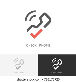 Check phone logo - telephone call with red checkmark or tick symbol. Contacts and business vector icon.