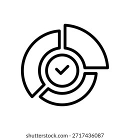 Compruebe el icono de línea del gráfico circular, el símbolo de esquema para el análisis completo, los datos verificados, las estadísticas válidas, el objetivo alcanzado y el informe finalizado. Icono de signo de Vector.