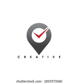 Check place logo - red tick mark and address pointer symbol. Position, location and destination vector icon.
