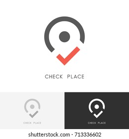 Check Place Logo - Red Tick Mark And Address Pointer Symbol. Position, Location And Destination Vector Icon.