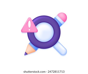 check for plagiarism. check for originality and authorial errors. analysis of written works. illustration of pencil, magnifying glass, and warning sign. symbol or icon. minimalist 3d concept design