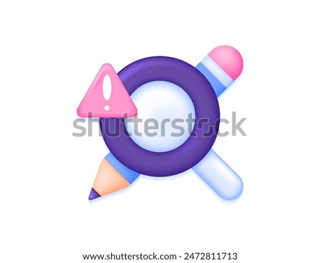 check for plagiarism. check for originality and authorial errors. analysis of written works. illustration of pencil, magnifying glass, and warning sign. symbol or icon. minimalist 3d concept design