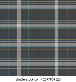 Check plaid background in dark grey, white, blue and yellow colors. Fashion seamless pattern