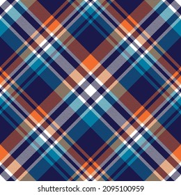 Check plaid pattern for autumn winter in navy blue, orange, white. Seamless diagonal herringbone large tartan for flannel shirt, scarf, blanket, duvet cover, other modern fashion fabric design.