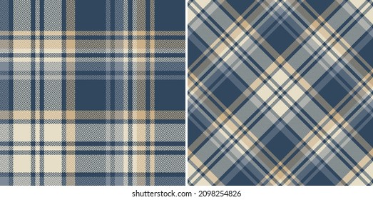 Check Plaid Pattern In Blue, Gold, Beige For Spring Summer Autumn Winter. Seamless Large Tartan Plaid Illustration Set For Blanket, Duvet Cover, Throw, Other Modern Fashion Textile Print Design.