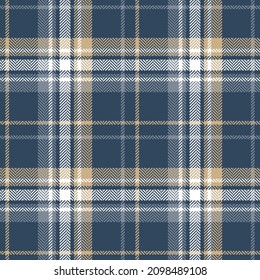 Check plaid pattern in blue, gold, white. Herringbone textured seamless tartan illustration vector for flannel shirt, scarf, blanket, other modern spring summer autumn winter fashion textile design.