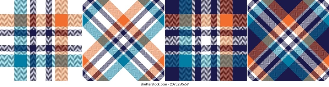 Compruebe el patrón de plaid en azul, naranja, blanco. Hueso de arenque sin foco texturado gran tartán asimétrico oscuro y oscuro para camisa de franela, manta, bufanda, otros textiles modernos de moda de invierno de primavera otoño.