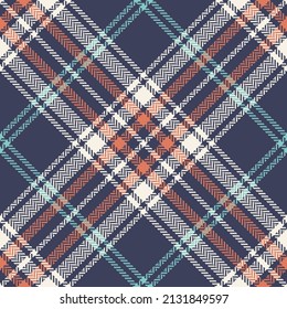 Check plaid pattern in blue, orange, turquoise, off white. Seamless herringbone tartan texture for flannel shirt, blanket, scarf, other modern spring summer autumn winter fashion textile design.