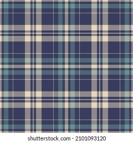 Check plaid pattern in blue, teal green, beige. Seamless tartan vector graphic illustration for spring summer flannel shirt, blanket, duvet cover, other modern everyday fashion fabric design.