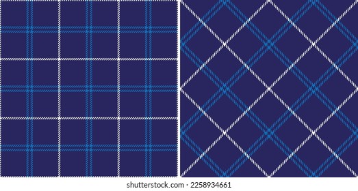 Check plaid pattern in blue and white for flannel shirt, pyjamas, scarf, skirt, jacket, trousers, blanket. Seamless thin tartan check set for spring summer autumn winter modern fashion fabric design.