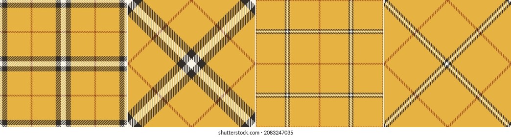 Check plaid pattern in chocolate brown, cognac brown, yellow mustard gold, white. Seamless bright tartan set for spring autumn winter scarf, jacket, coat, skirt, dress, other modern textile print.