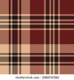 Check plaid pattern in cognac brown, chocolate brown, beige. Seamless herringbone large dark tartan plaid for flannel shirt, blanket, duvet cover, other modern autumn winter fashion textile print.