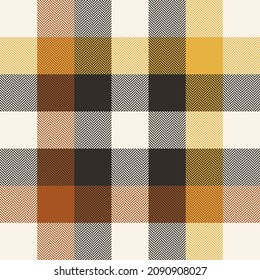 Check plaid pattern in cognac brown, beige, gold for scarf, blanket, duvet cover. Seamless herringbone textured large buffalo check vichy gingham tartan print for autumn winter fashion textile design.