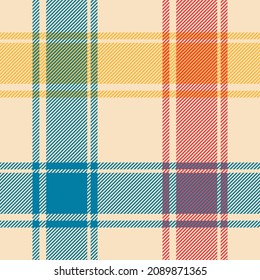 Check plaid pattern in colorful blue, red, yellow, beige. Seamless gingham buffalo check tartan vector for flannel shirt, blanket, duvet cover, other modern spring summer autumn fashion textile print.