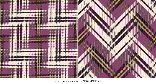 Check plaid pattern for flannel shirt in purple pink, gold yellow, off white. Seamless tartan illustration set for shirt, blanket, throw, other modern spring summer autumn winter textile print.