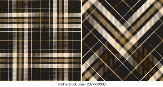 Check plaid pattern in gold, beige, black for spring autumn winter. Seamless dark tartan check set for flannel shirt, pyjamas, dress, jacket, scarf, other modern fashion textile design.