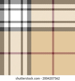 Check plaid pattern in grey, beige, brown red, white. Herringbone textured tartan vector for scarf, poncho, blanket, duvet cover, throw, other modern spring autumn winter fashion textile design.