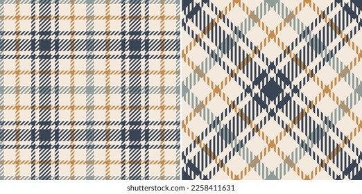 Check plaid pattern in grey blue, orange brown, beige. Seamless classic textured small tartan for dress, jacket, skirt, scarf, flannel shirt, other modern spring summer autumn winter textile print.