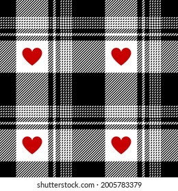 Check plaid pattern with hearts for Valentines Day in black, red, white. Seamless buffalo check vector for flannel shirt, picnic blanket, skirt, scarf, other modern textile print. Ombre tartan plaid.