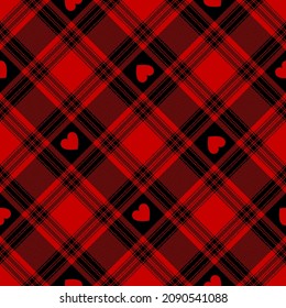 Check plaid pattern with hearts for Valentines Day in red and black. Seamless dark bright tartan vector for flannel shirt, blanket, duvet cover, other spring autumn winter holiday textile print.