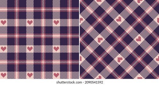 Check plaid pattern with hearts. Valentines Day herringbone tweed tartan vector illustration set in purple and pink for jacket, scarf, dress, other spring summer autumn winter fashion fabric design.