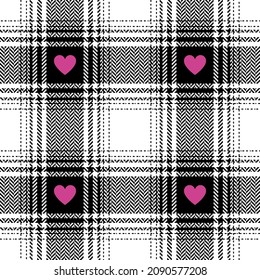 Check plaid pattern with hearts for Valentines Day print. Seamless ombre buffalo check tartan in black, pink, white for flannel shirt, blanket, duvet cover, other spring autumn winter fabric design.