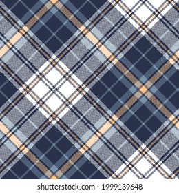 Check plaid pattern herringbone in blue, soft yellow, white. Seamless large tartan background vector for flannel shirt, blanket, duvet cover, other modern spring summer autumn winter fabric design.