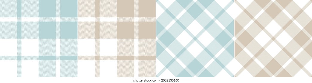 Check plaid pattern with herringbone texture in turquoise blue green cyan, brown beige, white. Seamless large tartan check set for blanket, duvet cover, scarf, other spring summer textile print.