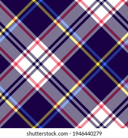 Check plaid pattern multicolored in navy blue, pink, bright blue, neon yellow, white. Seamless tartan graphic for duvet, blanket, flannel shirt, other modern autumn winter fashion textile print.