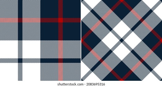 Check plaid pattern in navy blue, red, white. Seamless herringbone textured simple classic large tartan for spring summer autumn winter blanket, duvet cover, throw, other modern fashion textile print.