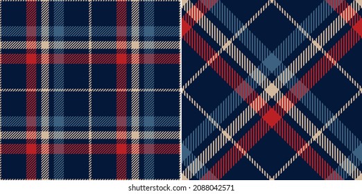 Check plaid pattern in navy blue, red, beige. Seamless simple dark tartan illustration print for spring autumn winter flannel shirt, blanket, duvet cover, other modern fashion fabric design.