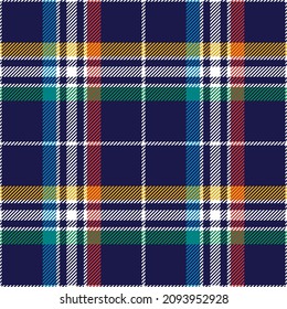 Check plaid pattern in navy blue, blue, green, red, yellow white. Seamless simple colorful asymmetric tartan for flannel shirt, picnic blanket, tablecloth, other spring summer autumn winter print.